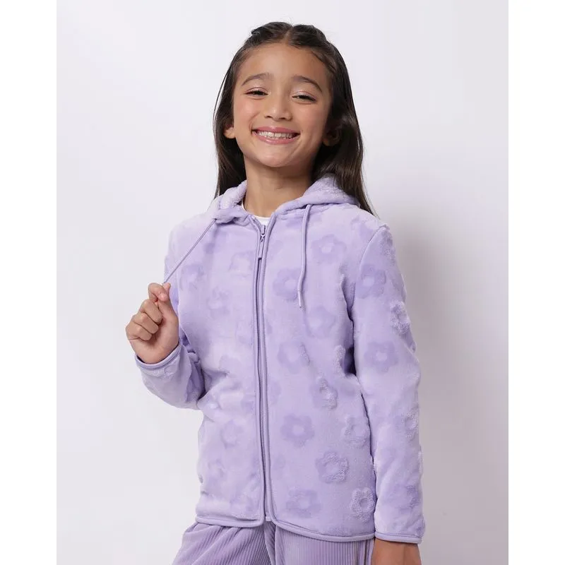Jaqueta Infantil Plush com Capuz Texturizada Flores Lilás 10