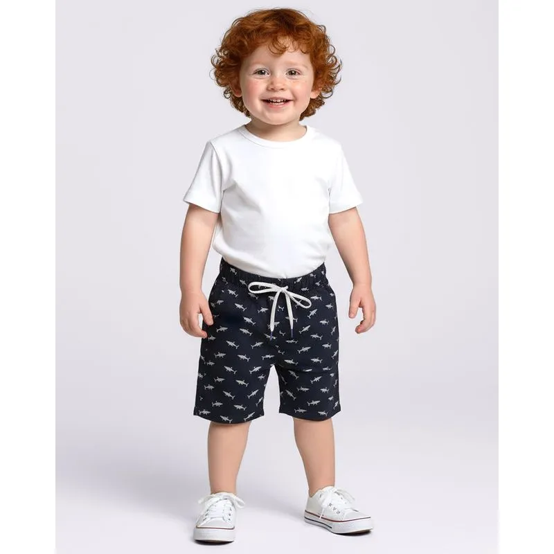 Bermuda Bebê Reta Estampada Tubarões Marinho 2