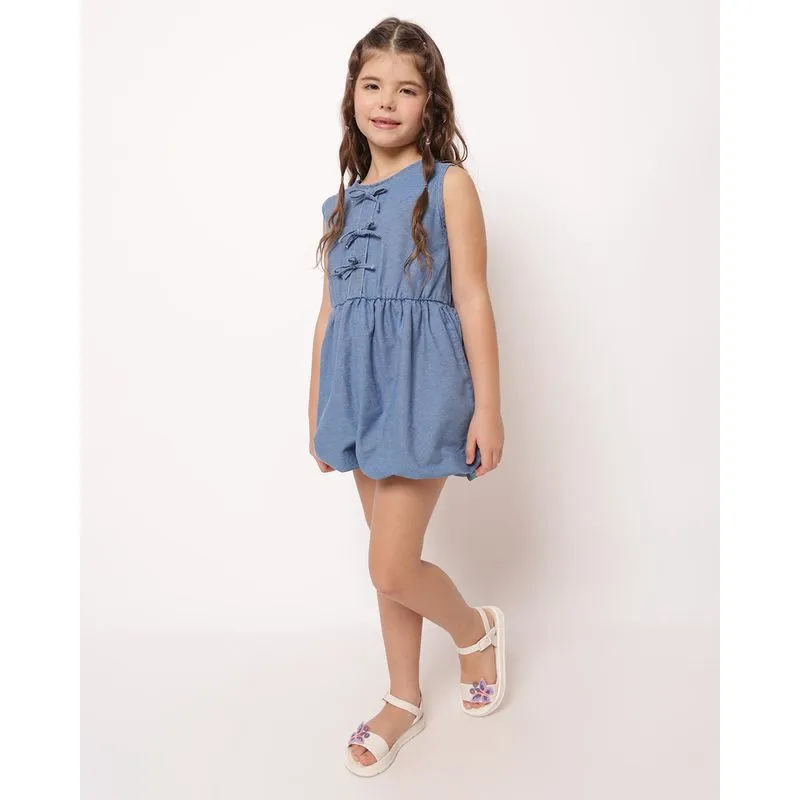 Vestido Jeans Infantil Curto Balonê com Laços Frontais Azul 4