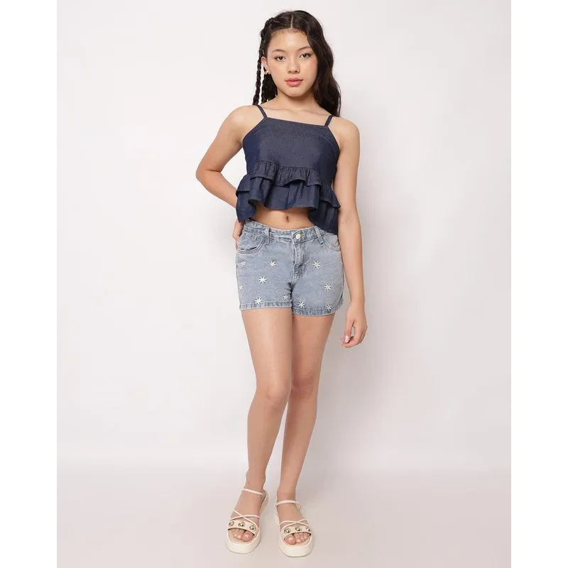 Short Jeans Juvenil Curto Bordado Frontal Azul 14