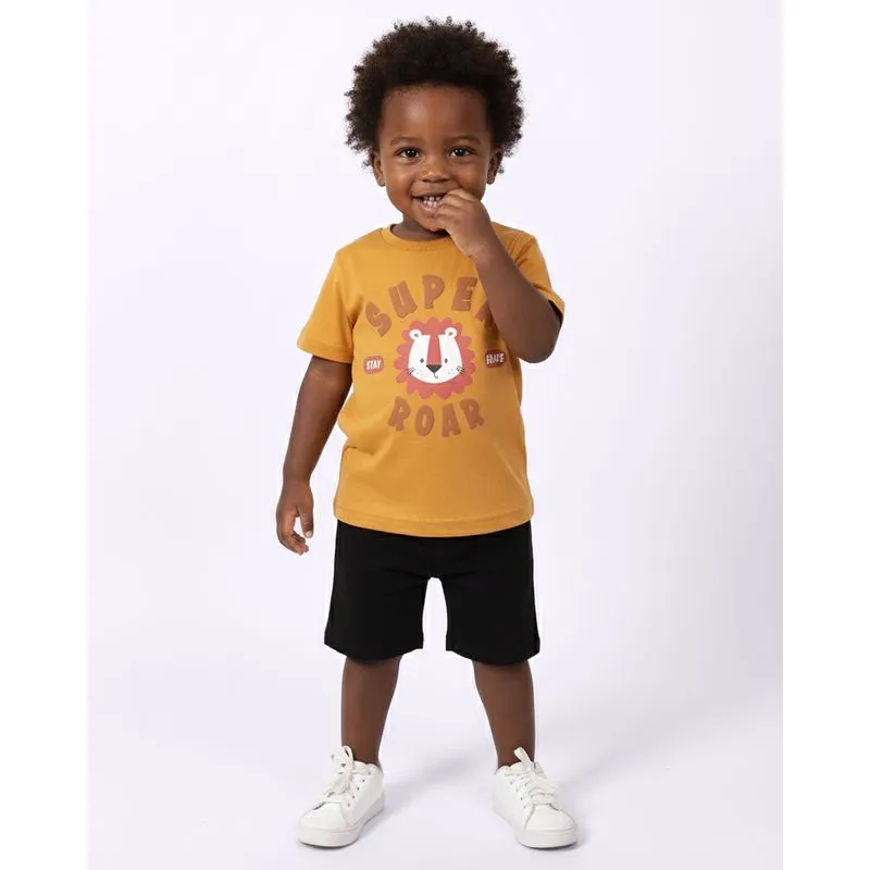Camiseta Bebê Algodão com Estampa Leão Manga Curta Mostarda 1