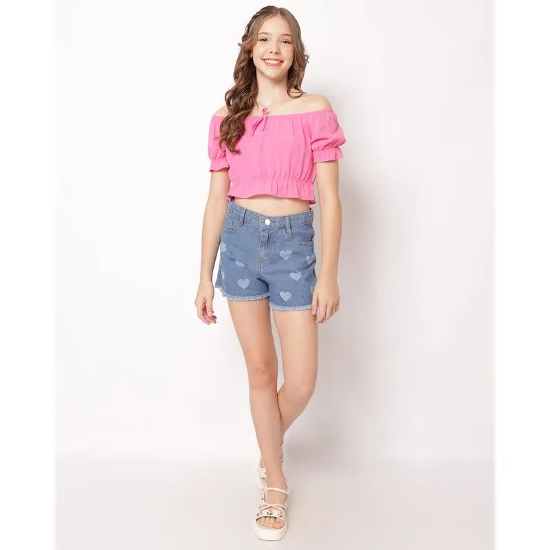 Short Jeans Juvenil Estampa Coração com Barra Desfiada Azul 12