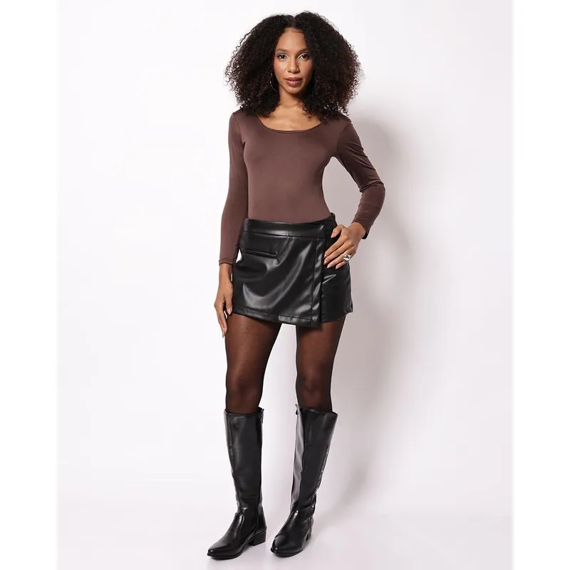 Short Saia Feminino PU Com Zíper Recorte Preto M