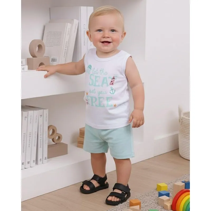 Conjunto Bebê Regata Algodão com Estampa Fundo do Mar Branco M