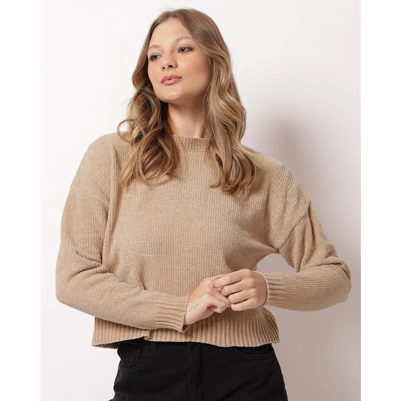 Suéter Feminino Tricô Canelado Bege M
