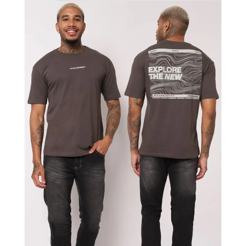 Camiseta Masculina Algodão Estampa Frente e Costas Cinza GG