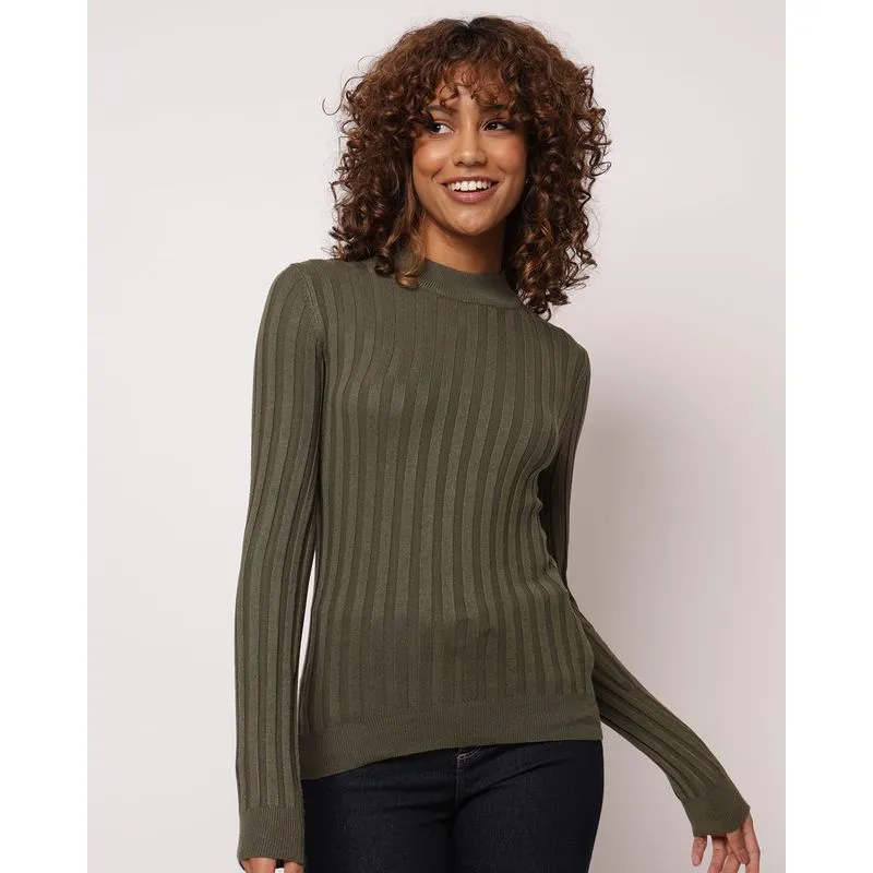 Blusa Feminina Tricô Canelado Manga Longa Verde M