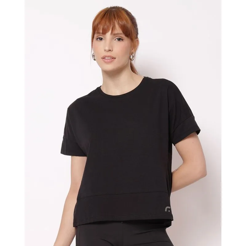Camiseta Fitness Feminina Fitter Algodão com Recortes Preta GG
