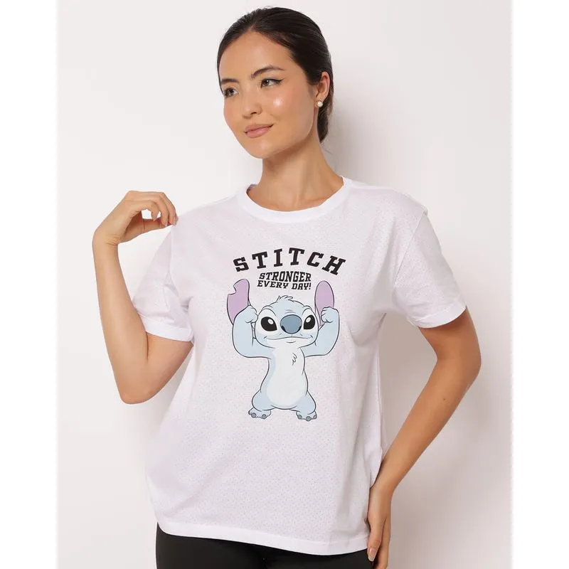 Camiseta Fitness Feminina Furadinha Disney Stitch Branca G