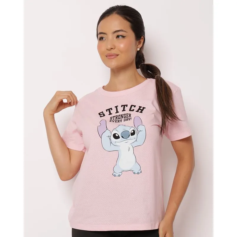 Camiseta Fitness Feminina Furadinha Disney Stitch Rosa G
