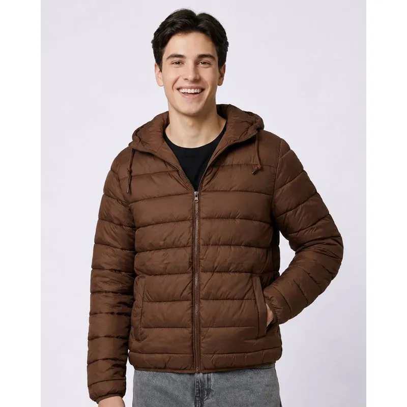 Jaqueta Masculina Puffer com Capuz Bolsos Marrom G
