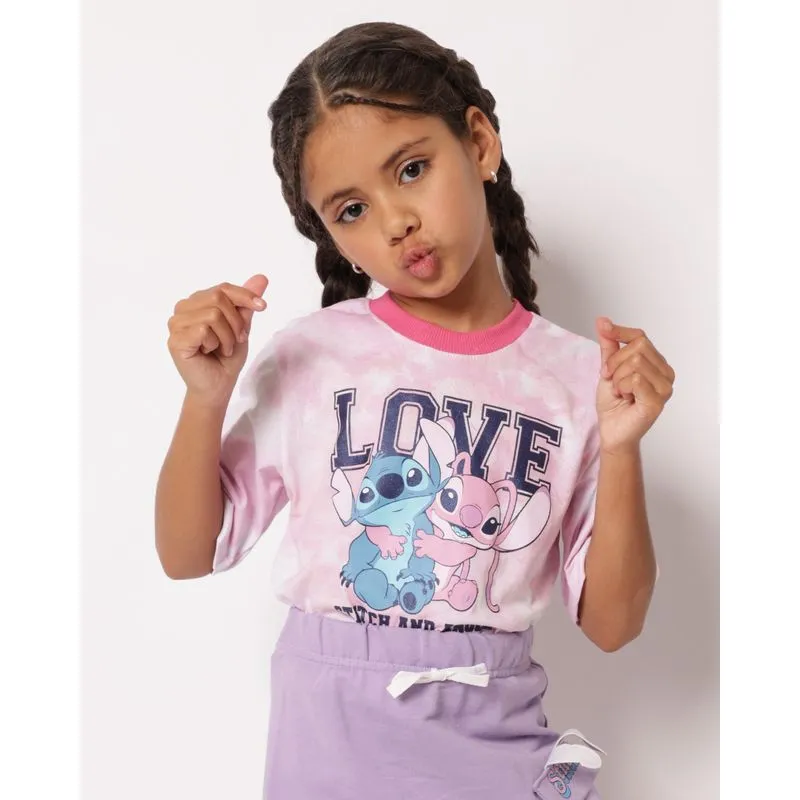 Camiseta Infantil Algodão com Estampa Disney Stitch e Angel Manga Curta Rosa 4