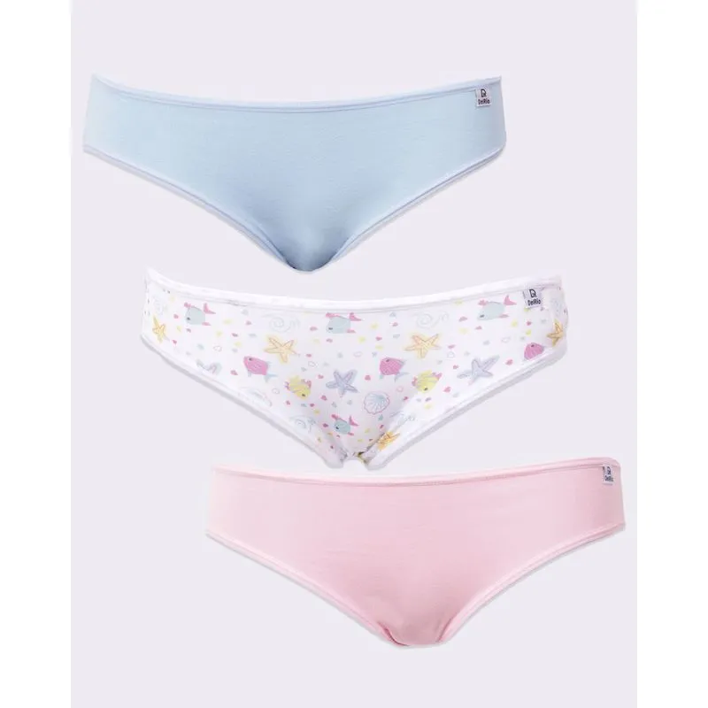 Kit 3 Calcinhas Biquíni Infantil DelRio Estampa Peixinhos Branca Rosa Azul M