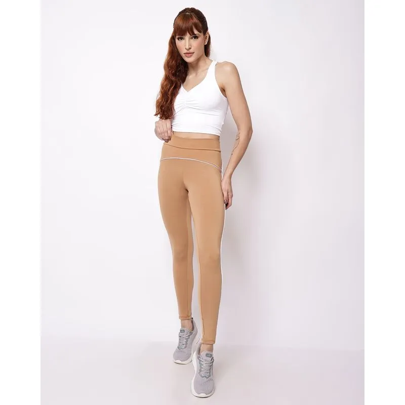 Calça Legging Fitness Feminina Fitter Detalhe Vivo Bege GG