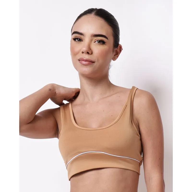 Top Fitness Feminino Fitter com Bojo Removível com Friso Bege G