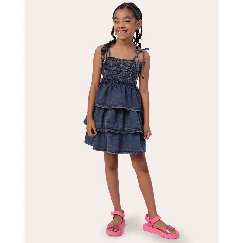 Vestido Jeans Infantil Curto Lastex com Babados Azul 4