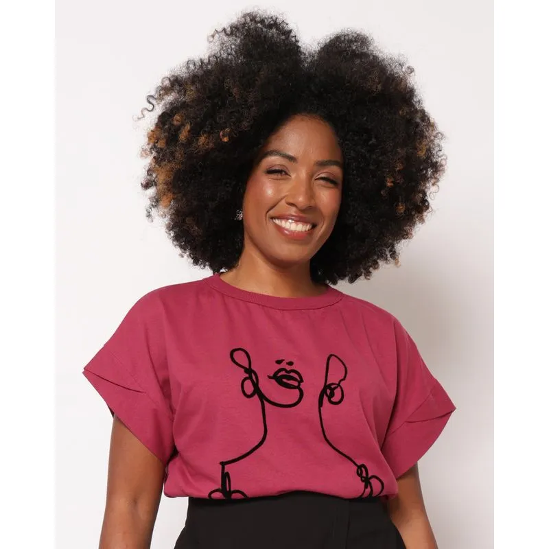 Blusa Feminina Algodão Estampa Flocada Manga Curta Vinho P