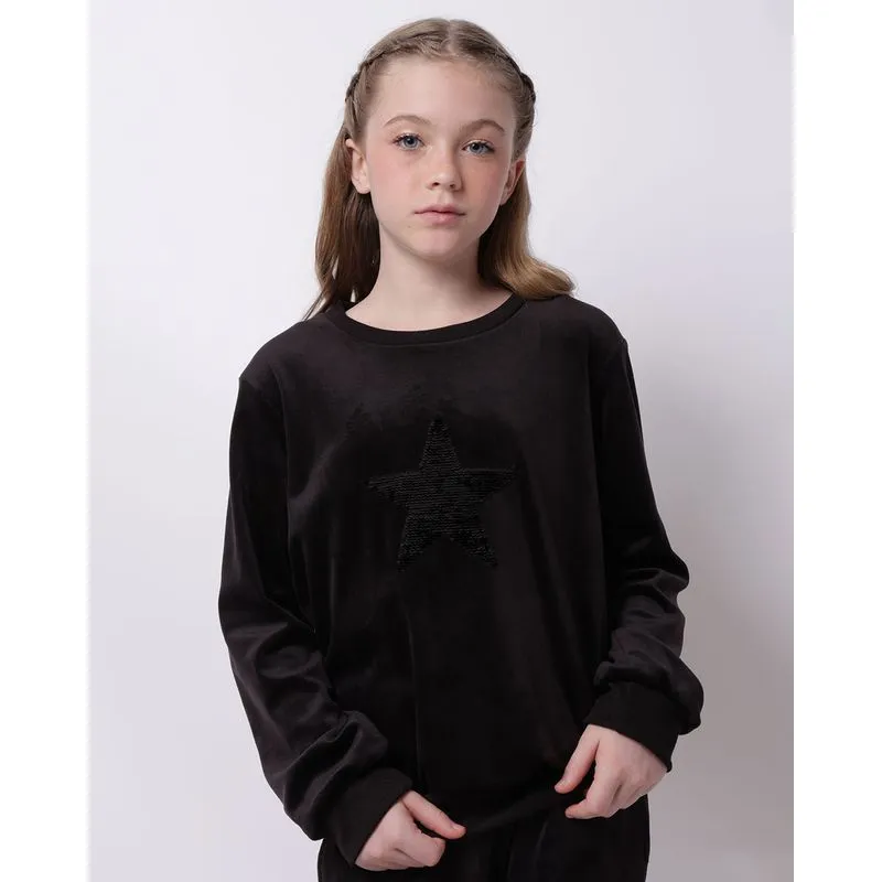 Blusão Moletom Juvenil Plush com Aplicação Paetê Estrela Preta 12