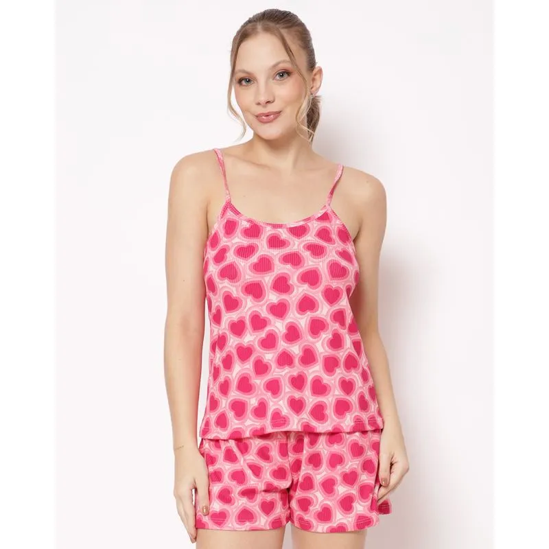 Pijama Feminino Curto Canelado Estampado Corações Rosa GG