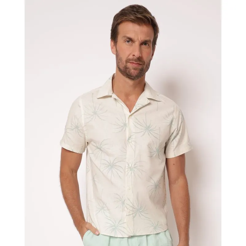 Camisa Masculina Algodão com Linho Estampada Manga Curta Off White G