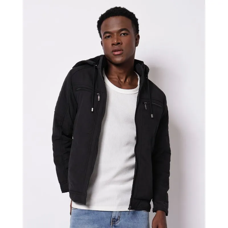 Jaqueta Sarja Masculina Reta Bolsos Capuz Removível Preta GG
