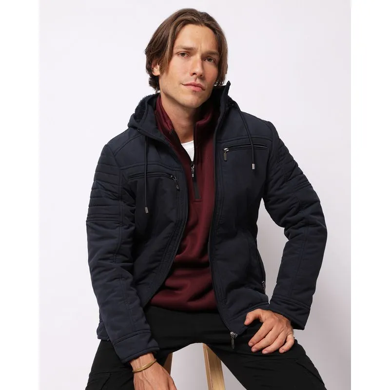 Jaqueta Sarja Masculina Reta Bolsos Capuz Removível Marinho P