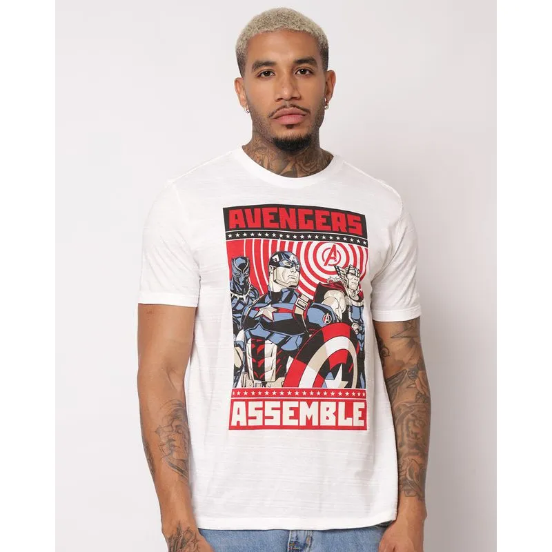 Camiseta Masculina Texturizada Marvel Os Vingadores Manga Curta Off White P