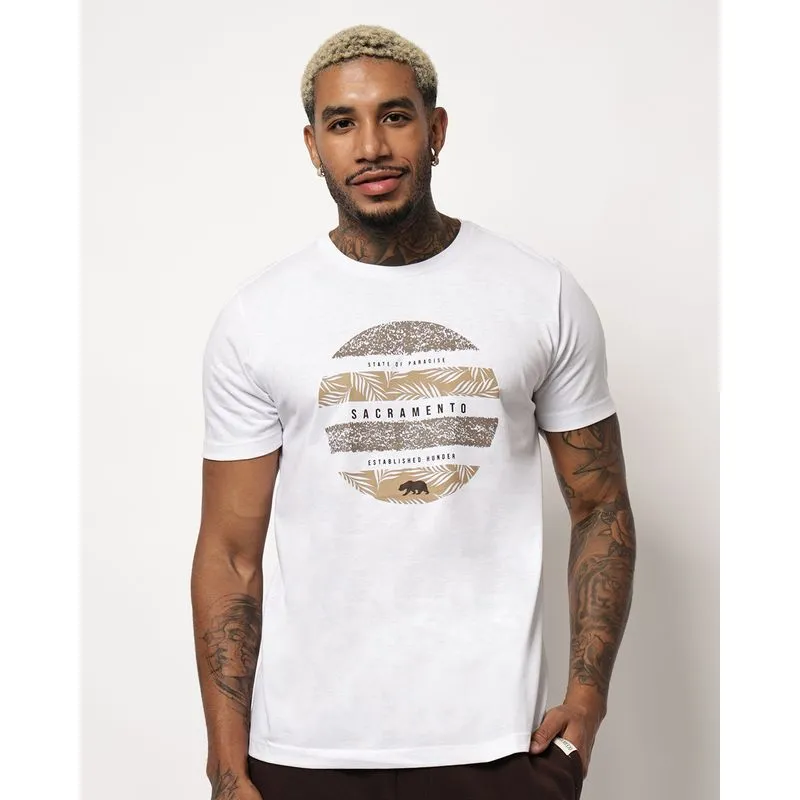 Camiseta Masculina Algodão Estampa Tropical Branca GG