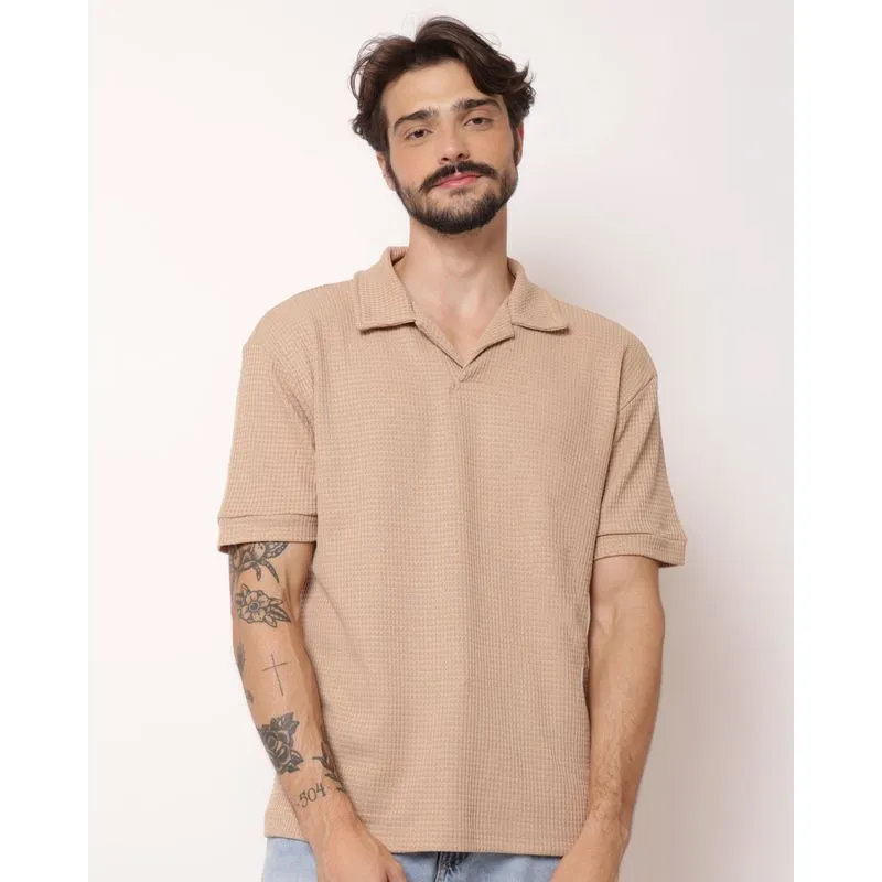 Camisa Polo Masculina Texturizada Gola Cubana Bege P
