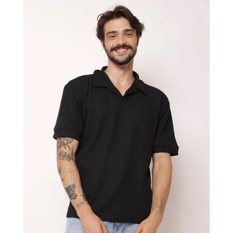 Camisa Polo Masculina Texturizada Gola Cubana Manga Curta Preta M