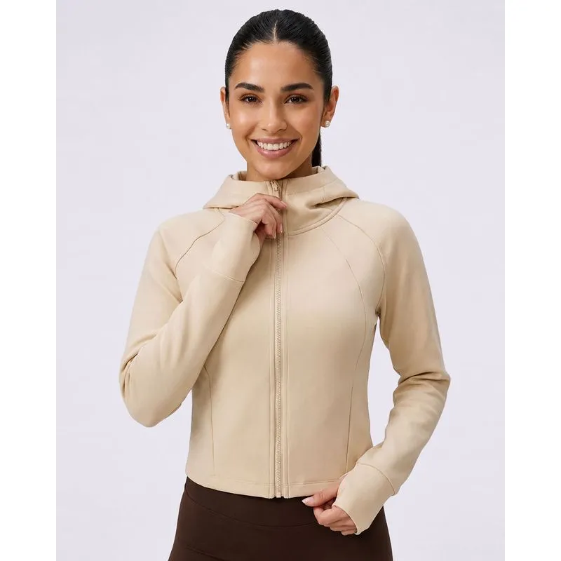 Jaqueta Helanca Feminino Fitness Fitter com Capuz Bege GG