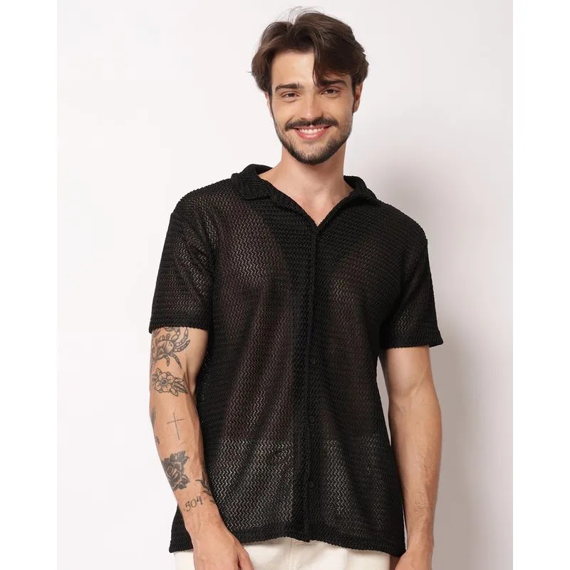 Camisa Masculina Tricô Vazado Manga Curta Preta M