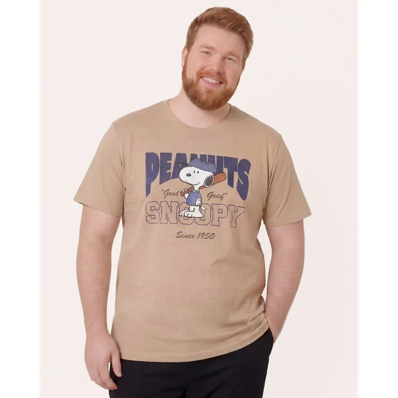 Camiseta Plus Size Masculina Algodão Peanuts Snoopy Bege G1