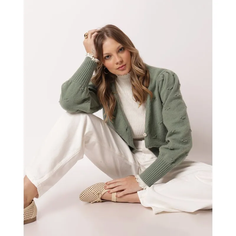 Cardigan Feminino Tricô com Bolinhas Verde GG