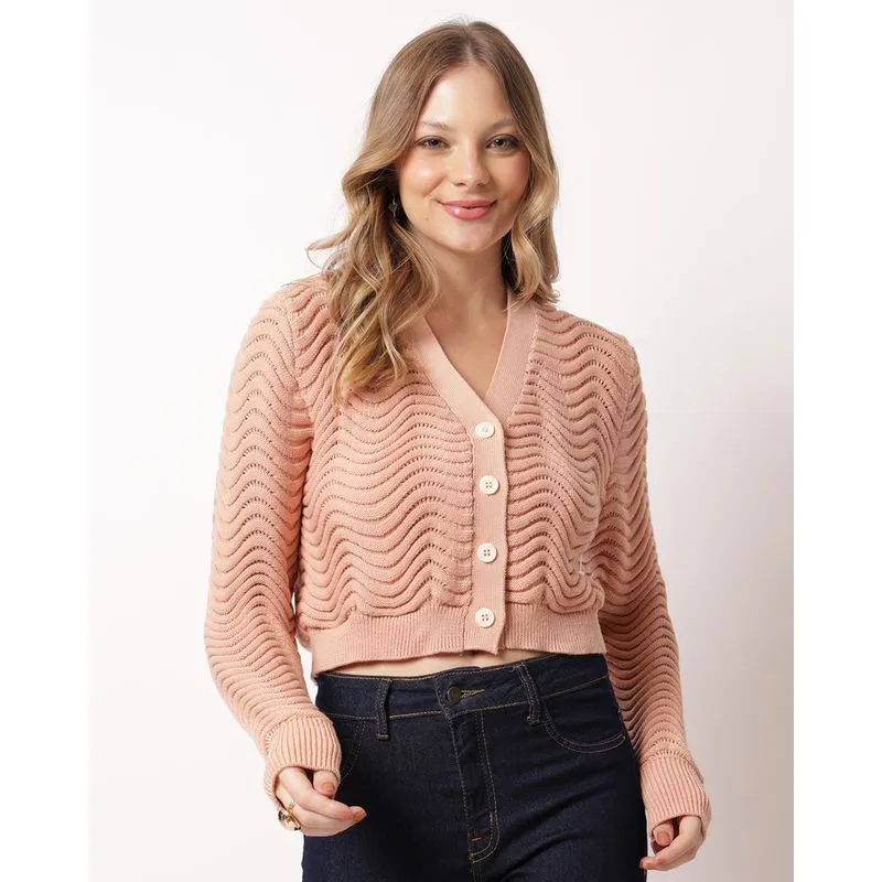 Cardigan Feminino Tricô Texturizado Rosa G