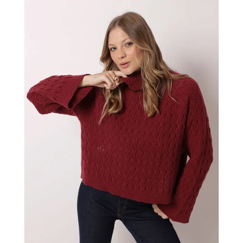 Suéter Feminino Tricô Gola Alta Texturizado Vinho M