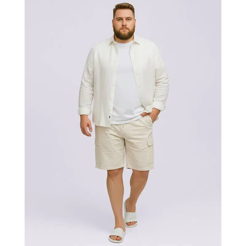 Bermuda Plus Size Masculina Reta Linho com Bolsos Cargo Bege G3