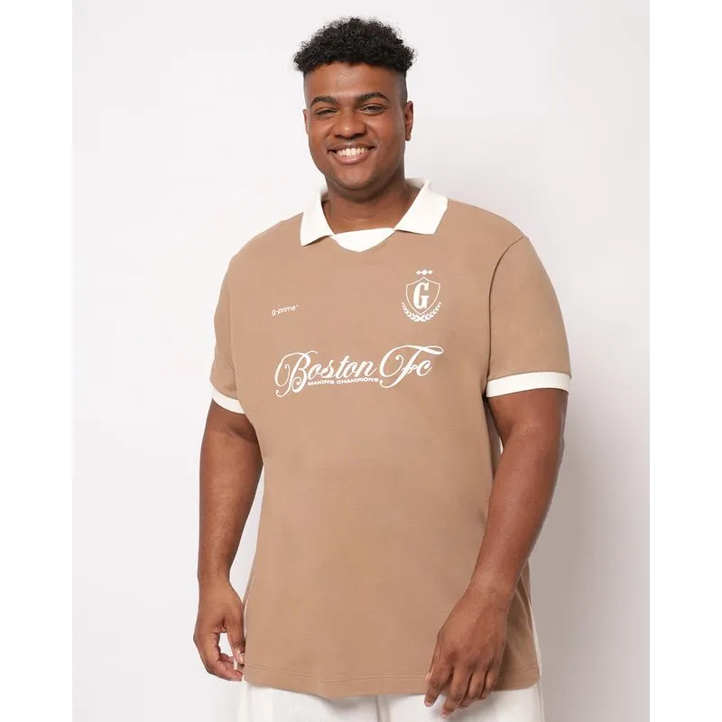 Camisa Polo Plus Size Masculina Piquet Estampa Manga Curta Bege G3