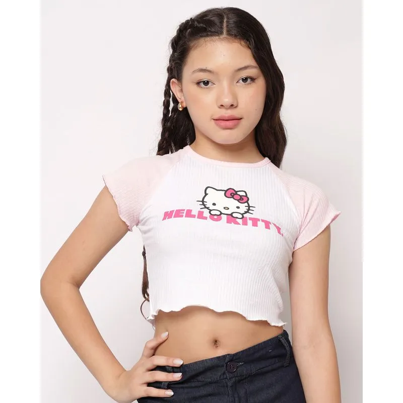 Blusa Juvenil Cropped Canelada Hello Kitty Manga Raglan Rosa 12