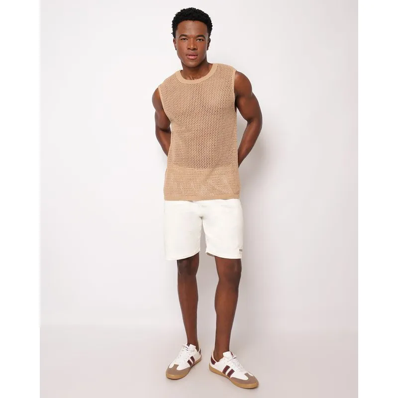 Bermuda Masculina Moletinho Reta com Recortes Bolsos Off White P