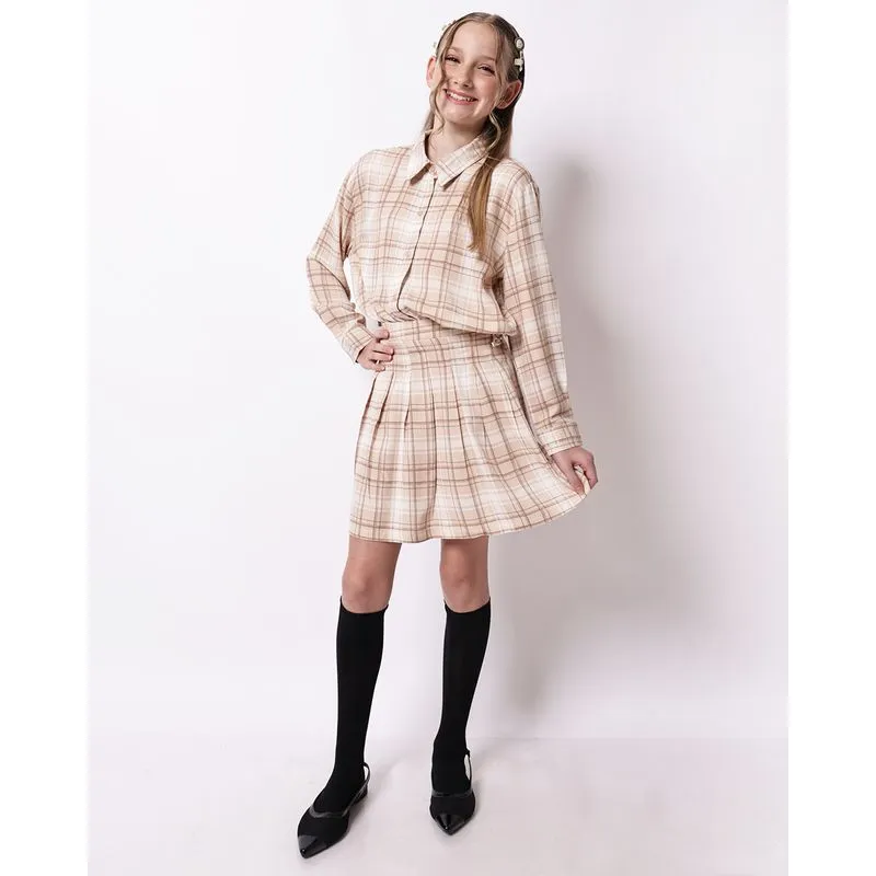 Saia Juvenil Berry & Co. Curta Viscose Plissada Xadrez Bege 12