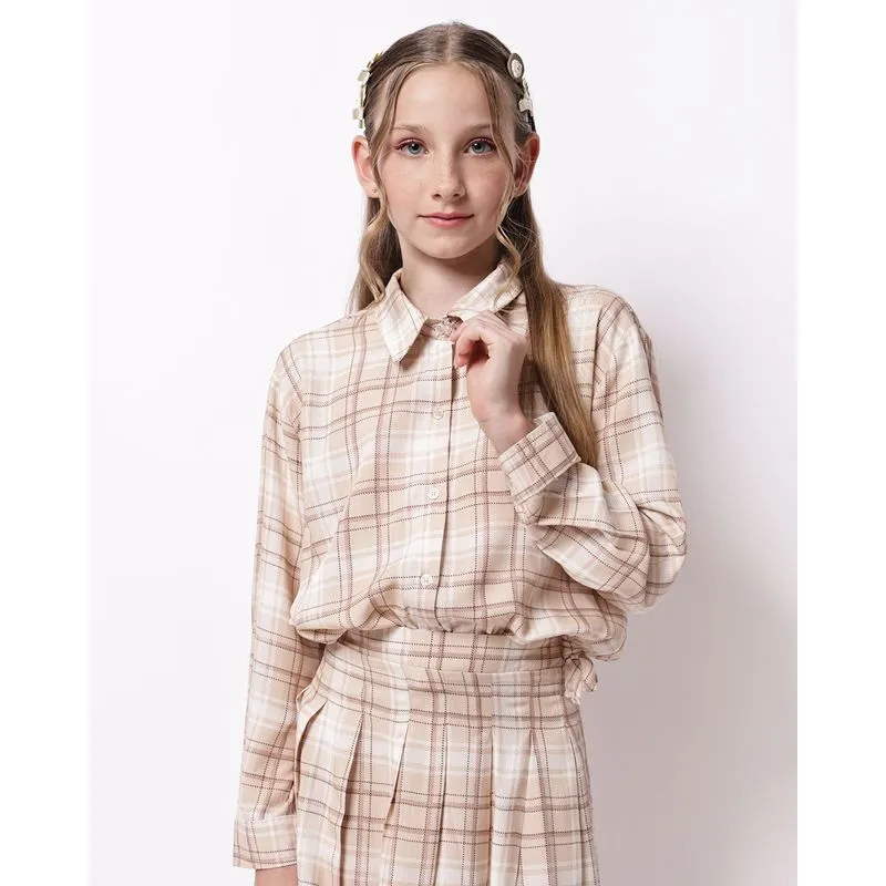 Camisa Juvenil Berry & Co. Viscose Xadrez Manga Longa Bege 12
