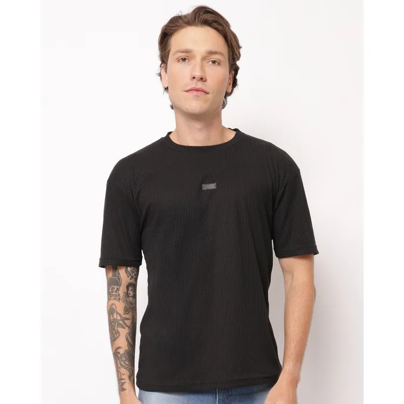 Camiseta Masculina Canelada Aplique Frontal Manga Curta Preta G