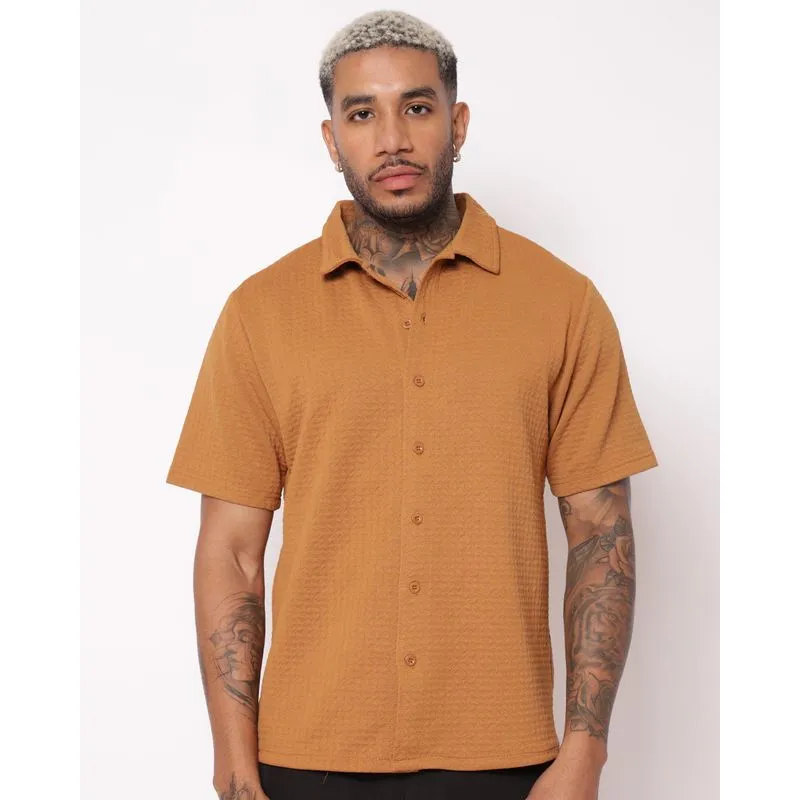 Camisa Masculina Estampada Jacquard Manga Curta Marrom GG