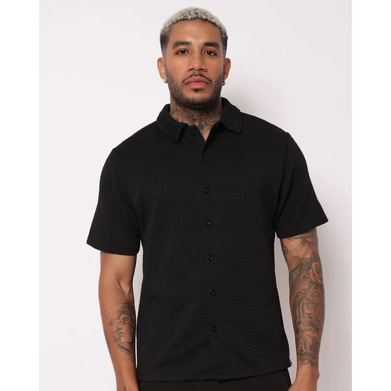 Camisa Masculina Estampada Jacquard Manga Curta Preta M