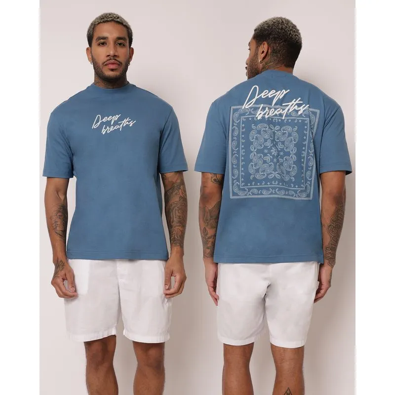 Camiseta Masculina Algodão Estampa Frente e Costas Azul P