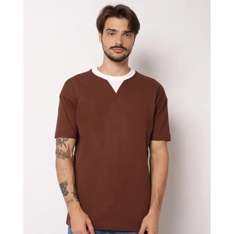 Camiseta Masculina Oversized Algodão Detalhe na Gola Marrom M