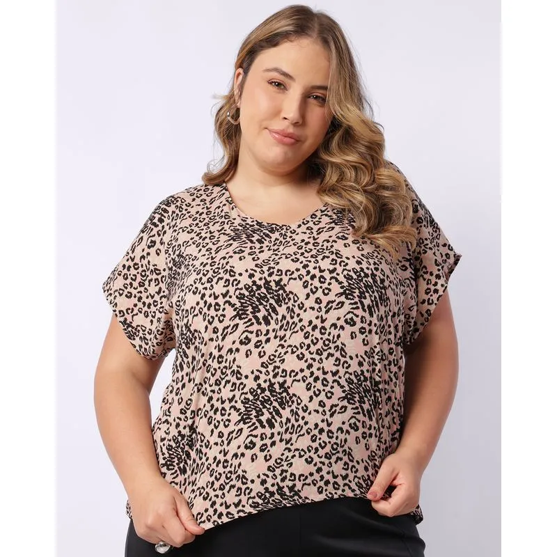 Blusa Plus Size Feminina Berry & Co. Decote V Viscose Estampada Rosa G3