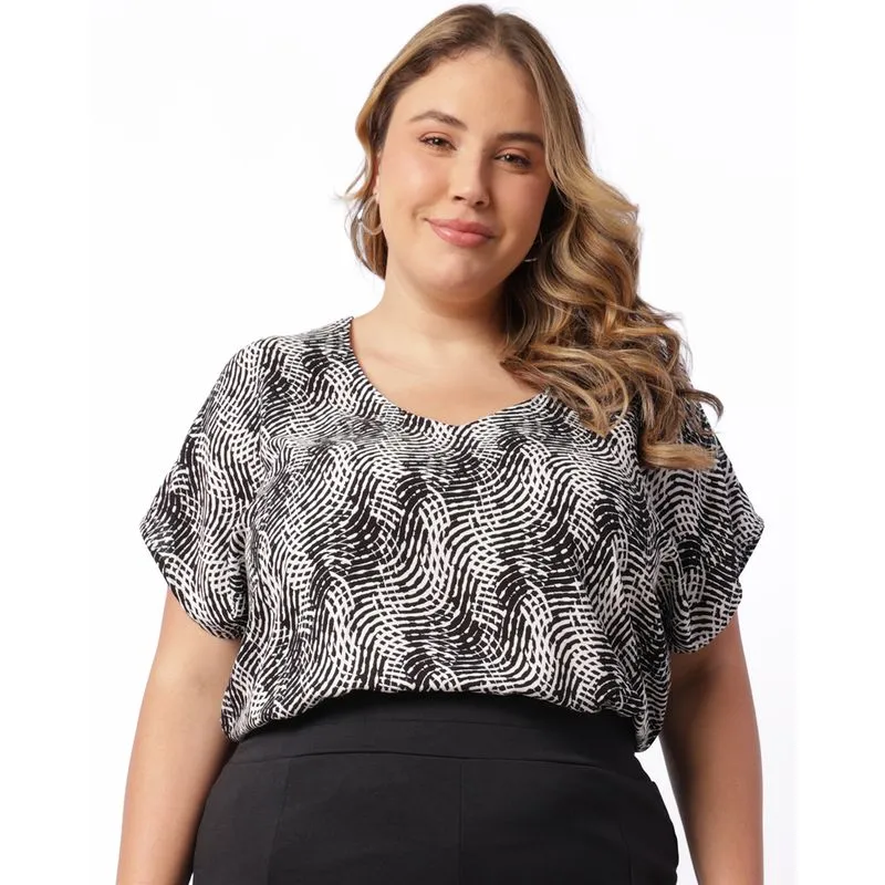 Blusa Plus Size Feminina Berry & Co. Decote V Viscose Estampada Preta G3