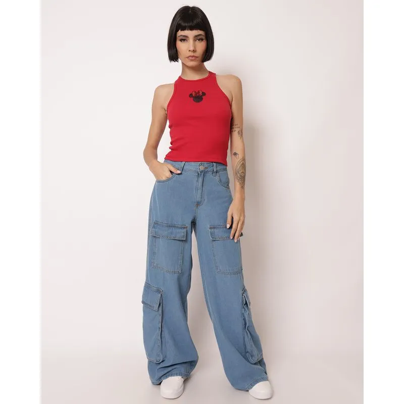 Calça Jeans Feminina Wide Leg Cargo Azul 36